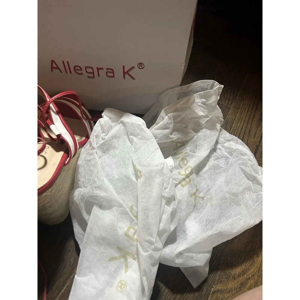 Allegra K Women's Espadrille Wedges 8.5  Striped Ankle Tie  Red And White‎ NEW